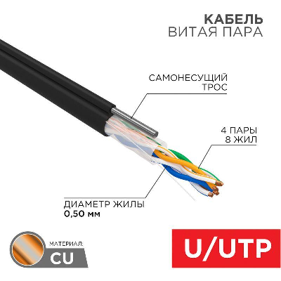 Кабель UTP 4х2х24AWG кат.5е медь с тросом бухта (м) Rexant 01-0046