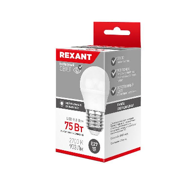 Лампа светодиодная 9.5Вт Шарик (GL) 2700К тепл. бел. E27 903лм Rexant 604-039