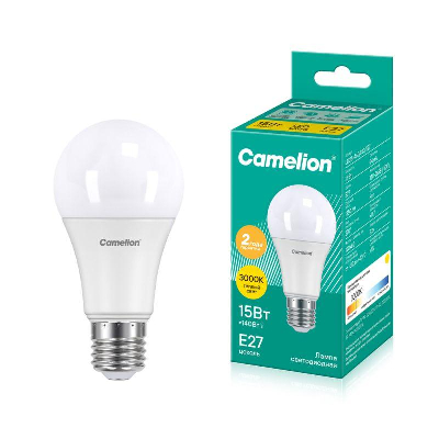 Лампа светодиодная LED15-A65/830/E27 15Вт грушевидная 3000К тепл. бел. E27 1280лм 170-265В Camelion 12196 / 12185