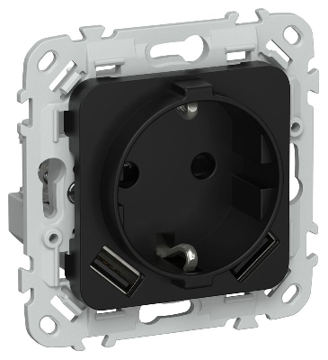 Розетка 1-м СП FLITE РСЮша11-1-ФлЧ 16А с USB A+A 3.1А с заземл. с защ. шторками безвинтовое крепление механизм черн. IEK FI-R14-16-1-U21-D31-K02