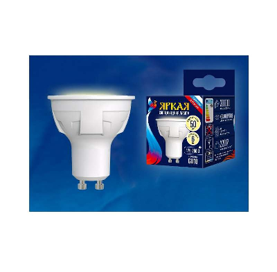 Лампа светодиодная LED-JCDR 6W/WW/GU10/FR PLP01WH Яркая JCDR 6Вт матовая 3000К тепл. бел. GU10 (упак. картон) Uniel UL-00002423