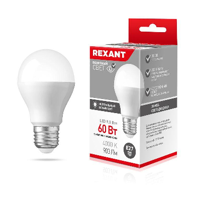 Лампа светодиодная A60 9.5Вт Груша 4000К нейтр. бел. E27 903лм Rexant 604-002