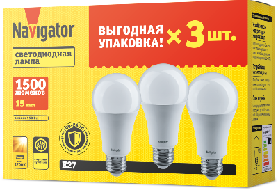 Лампа светодиодная 95 320 NLL-A60-15-230-2.7K-E27-PACK3 NAVIGATOR 95320