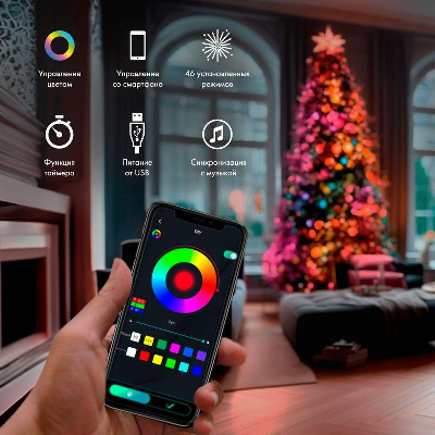 Гирлянда смарт "Нить" из росы с крупными светодиодами 10м 100LED RGB IP20 прозр. провод USB Neon-Night 245-019
