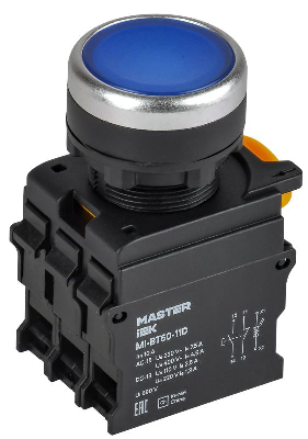 Кнопка d22мм 1НО+1НЗ MASTER с подсветкой син. IEK MI-BT60-11D-3-12-K07