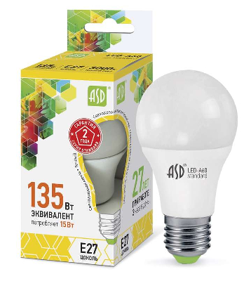 Лампа светодиодная LED-A60-standard 15Вт грушевидная 3000К тепл. бел. E27 1350лм 160-260В ASD 4690612002088