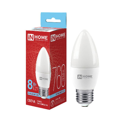 Лампа светодиодная LED-СВЕЧА-VC 8Вт 230В E27 6500К 600лм IN HOME 4690612024820