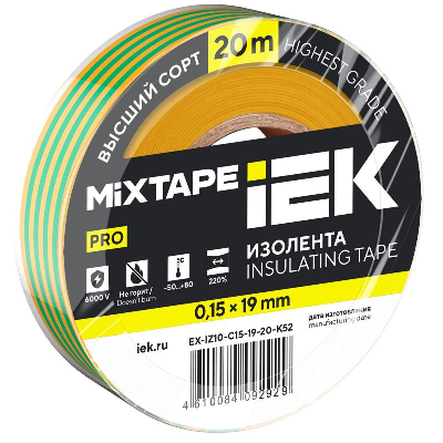 Изолента 0.15х19мм (рул.20м) желт./зел. IEK EX-IZ10-C15-19-20-K52